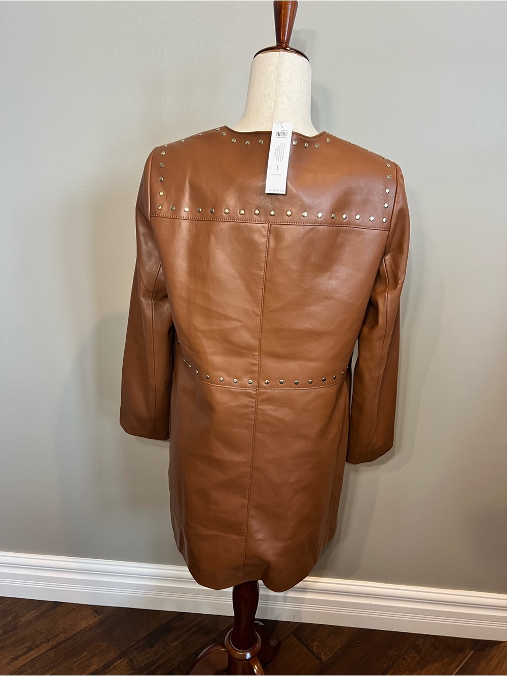 Chico's Cognac Faux Leather Stud-Trim Coat, Washable (NEW) - Picture 7 of 9